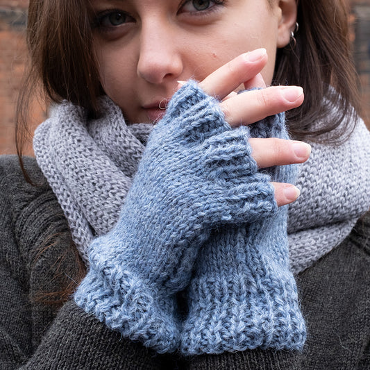 powder blue wool ladies fingerless gloves