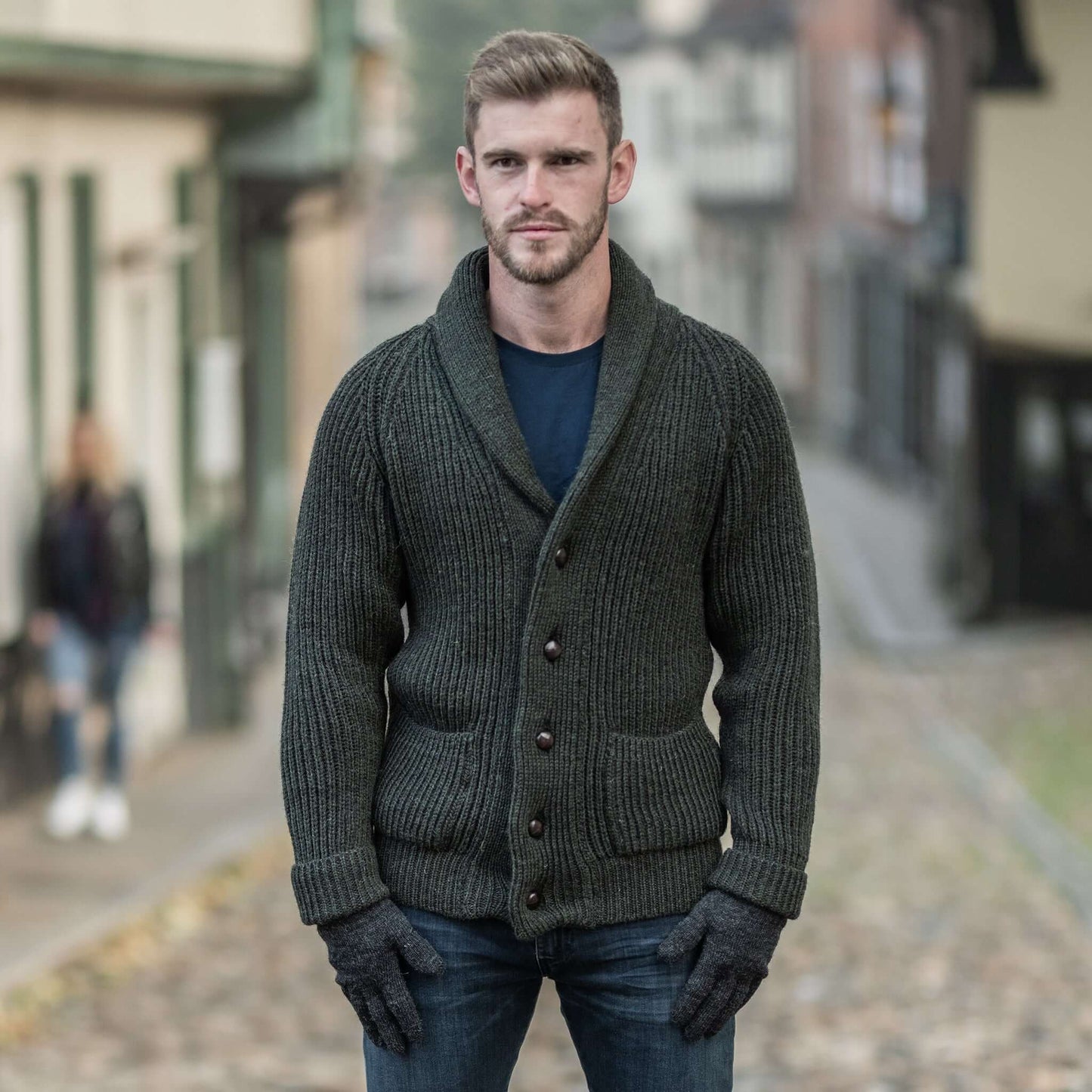 Moss Green pure wool shawl collar cardigan