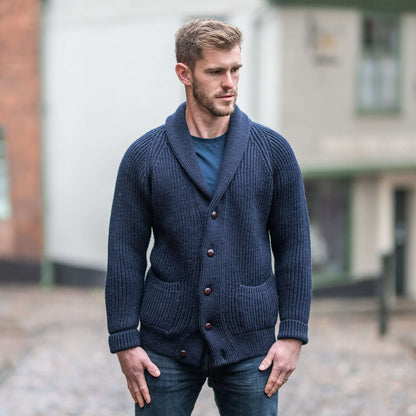 Navy pure wool shawl collar cardigan