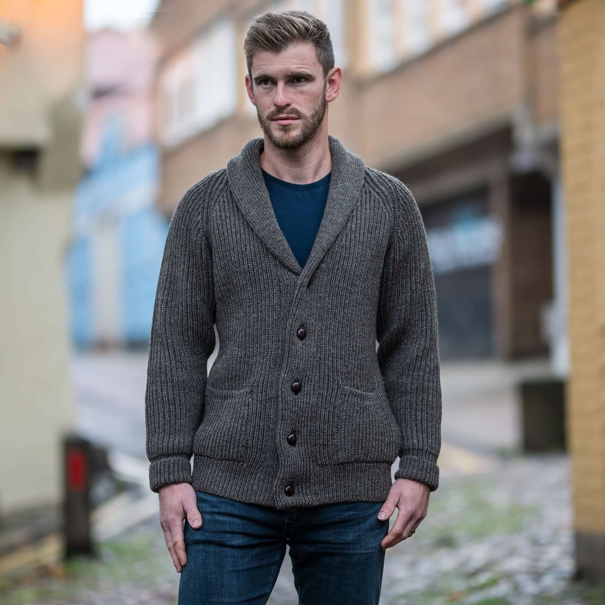 Dark Grey pure wool shawl collar cardigan