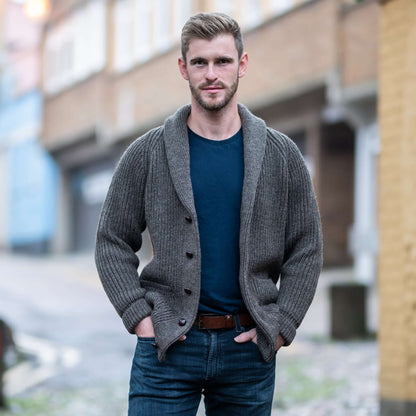 Dark Grey pure wool shawl collar cardigan made by Black Sheep