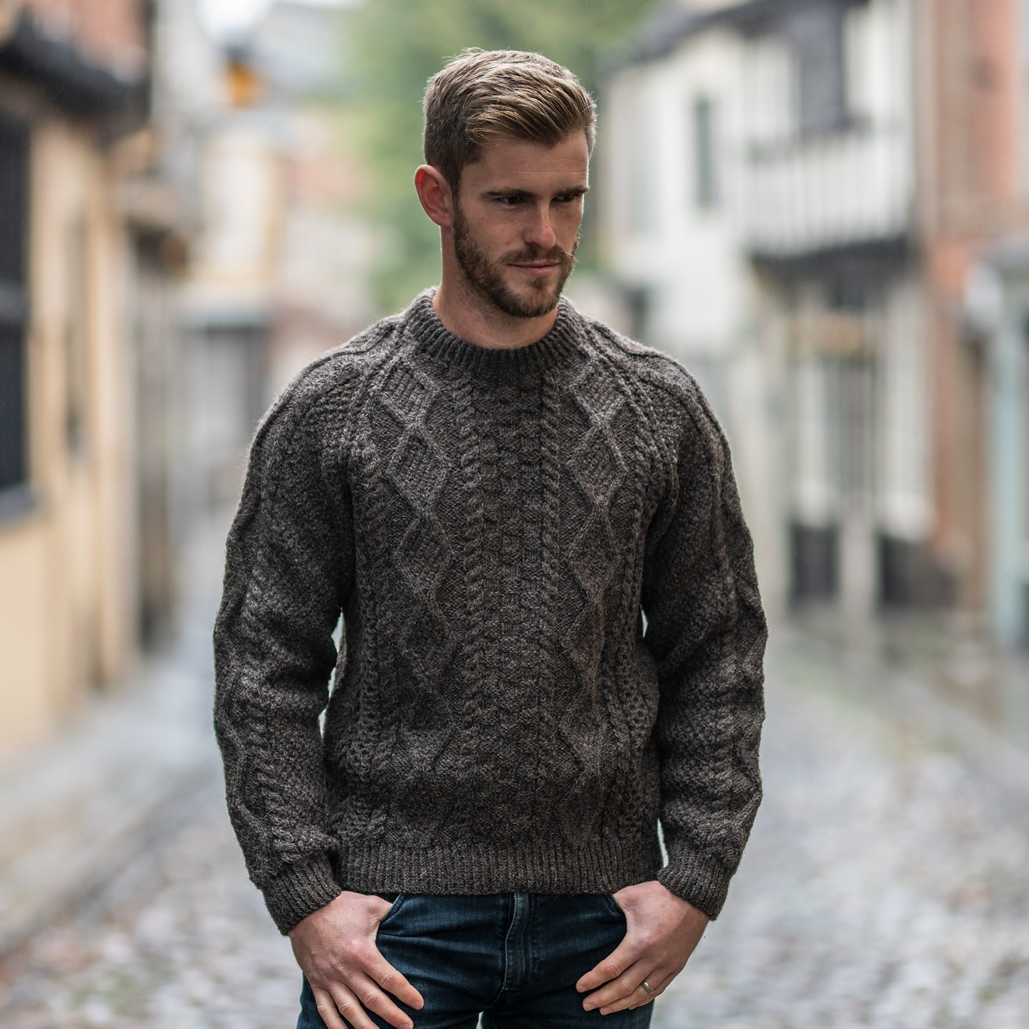 British wool aran crew neck sweater