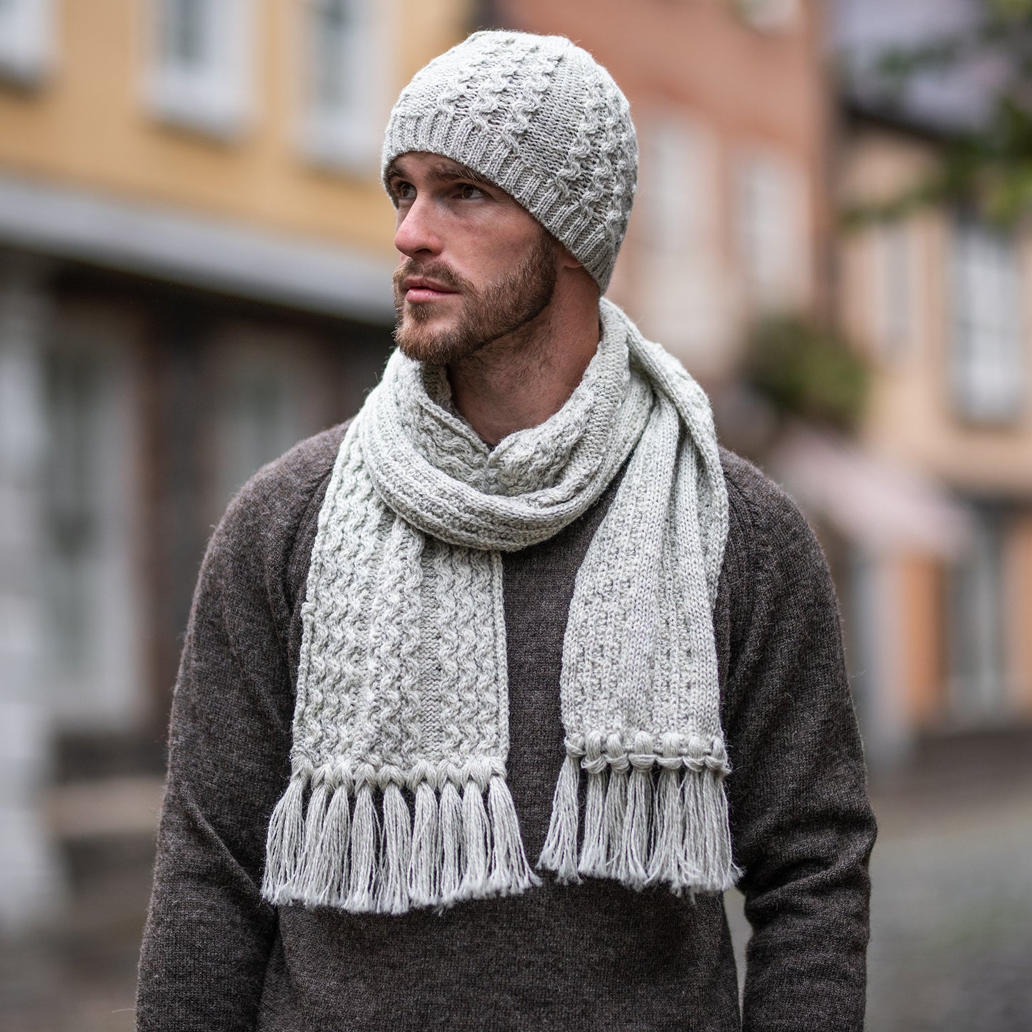 Light Grey pure wool cable hat
