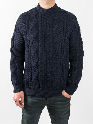 Navy pure wool crew neck aran sweater